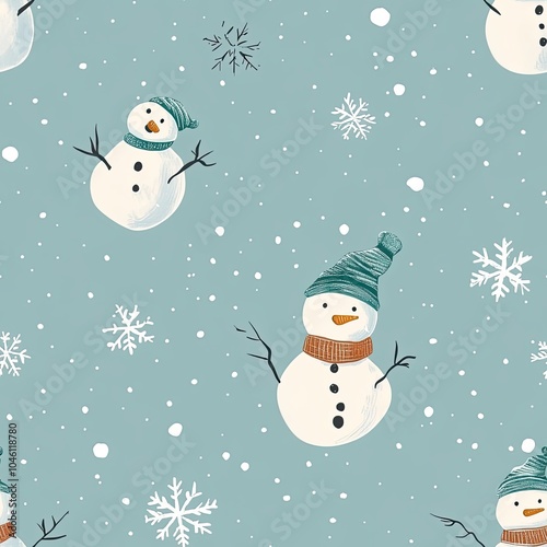 Seamless Winter Pattern with Snowmen and Snowflakes photo