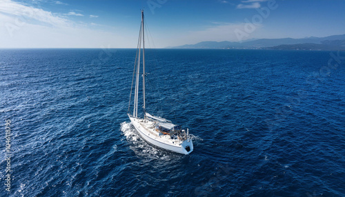 A white sailboat in the middle of the blue sea.