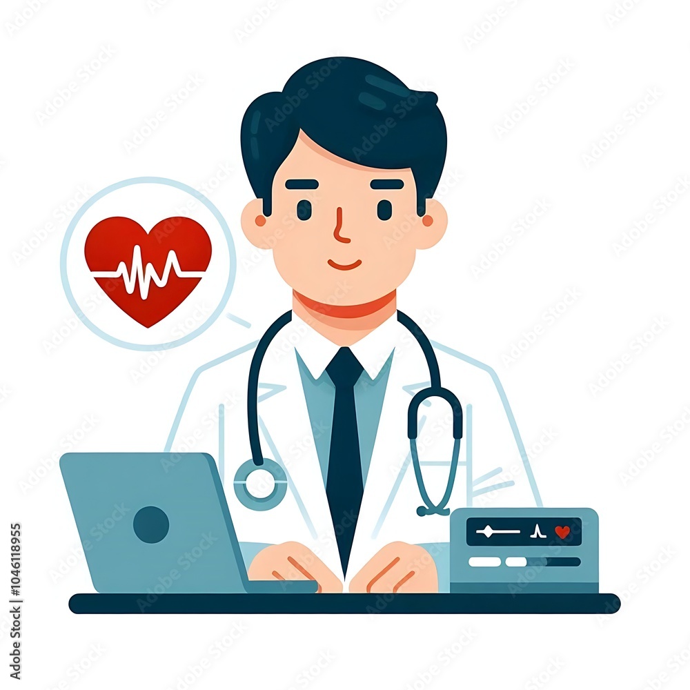 Flat, isolated illustration of a cardiologist in a lab coat, standing with a confident posture. The design is minimal, with clean lines and neutral tones, emphasizing a professional medical appearance Flat, isolated illustration of a cardiologist in a lab coat, standing with a confident posture. The design is minimal, with clean lines and neutral tones, emphasizing a professional medical appearance
