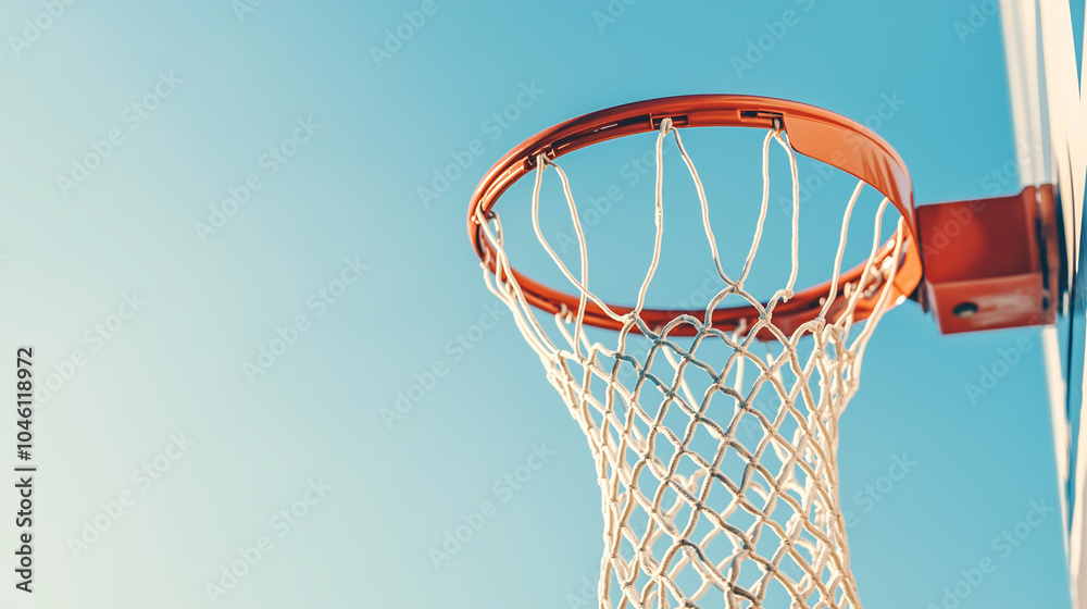 The golden glow of dusk highlights a basketball hoop,with a focus on net and rim against expansive blue sky,signaling end of a play-filled day,copy space The golden glow of dusk highlights a basketball hoop,with a focus on net and rim against expansive blue sky,signaling end of a play-filled day,copy space