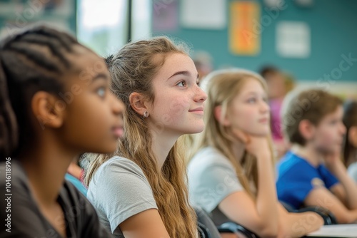 Students attentively listening to a teacher during a classroom lecture, engaging in thoughtful discussions and interactive learning with their peers photo