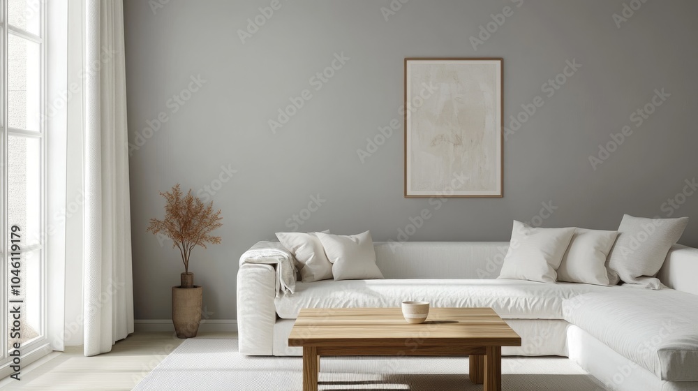 A realistic photo of a bright, chic living room with a wooden square coffee table next to a white sofa. The grey wall with an art poster completes the minimalist decor. Shot in 32k resolution with A realistic photo of a bright, chic living room with a wooden square coffee table next to a white sofa. The grey wall with an art poster completes the minimalist decor. Shot in 32k resolution with