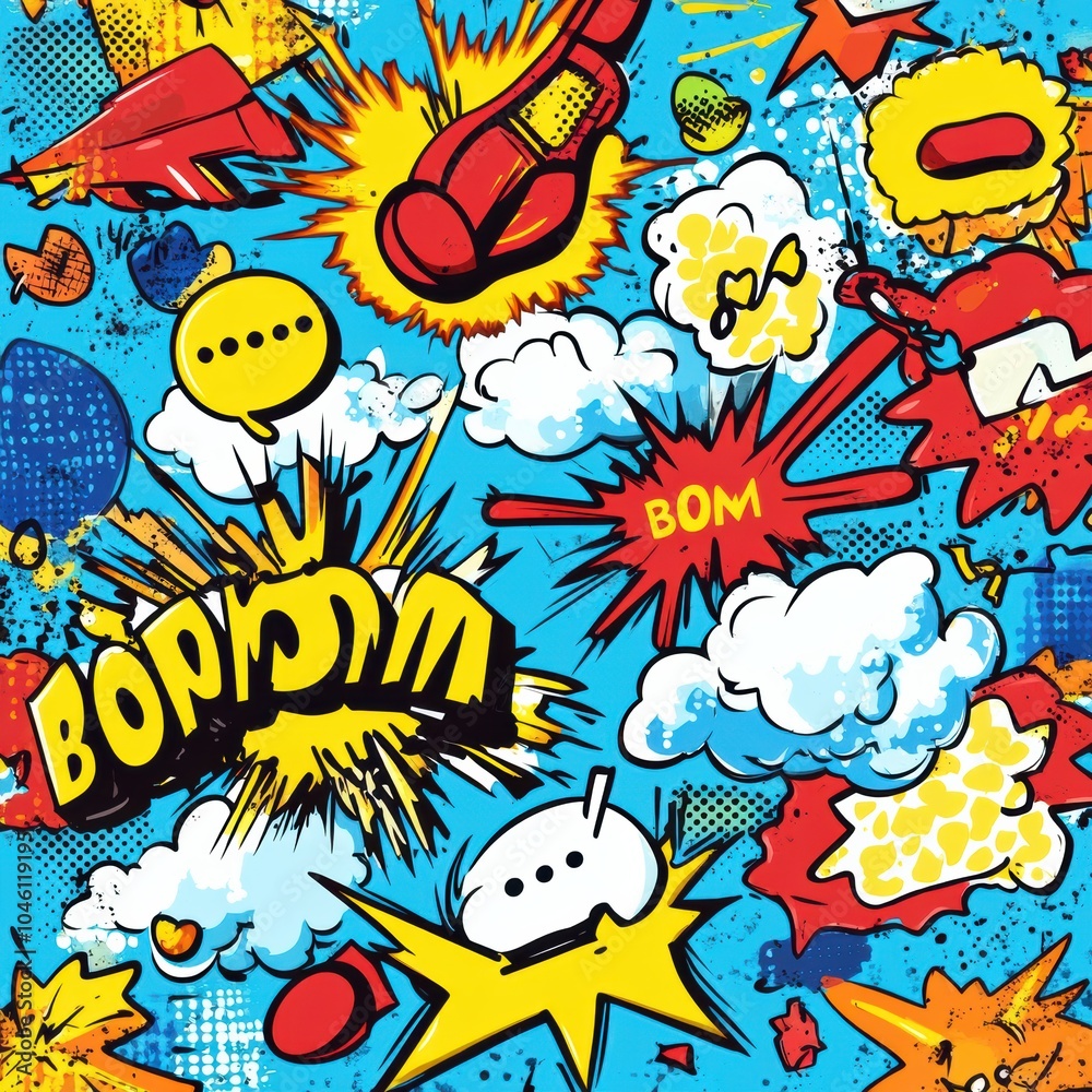 Fototapeta premium Doodles depict vibrant comic-style elements with speech bubbles, explosive graphics, and dynamic sound effects, creating a lively atmosphere. Generative AI