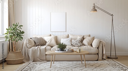 A realistic photo of a cozy living room with white walls, a beige sofa, and a coffee table A soft rug and standing floor lamp complement the roomâ€™s decor, with cushions and throws adding comfort and