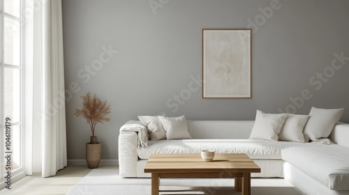A realistic photo of a bright, chic living room with a wooden square coffee table next to a white sofa. The grey wall with an art poster completes the minimalist decor. Shot in 32k resolution with