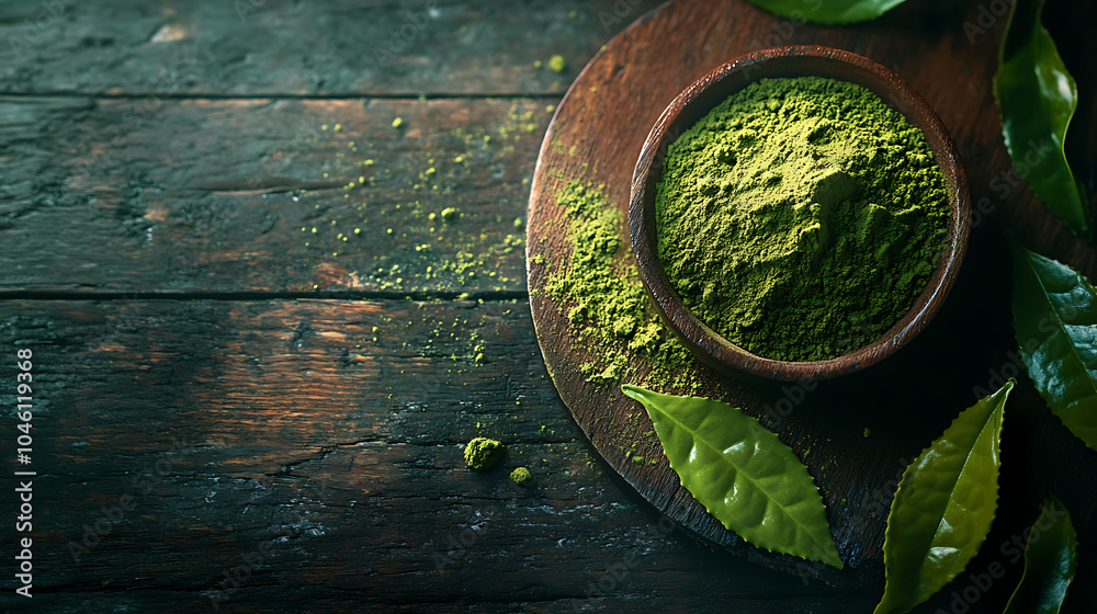 Green tea powder and leaf isolated on a wooden table Green tea powder and leaf isolated on a wooden table