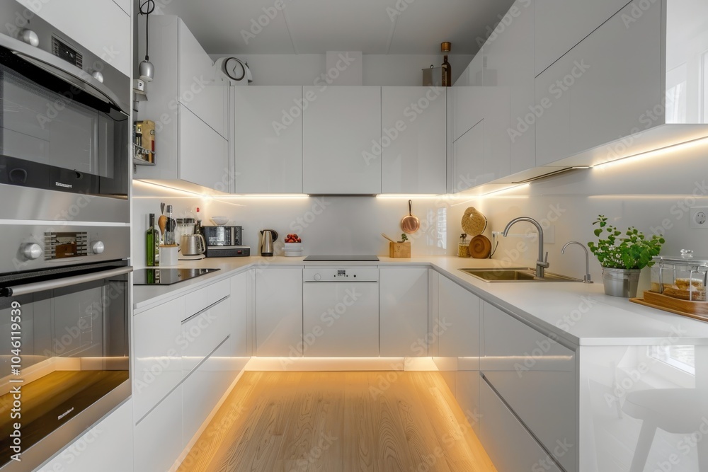 Minimal white kitchen featuring cozy lighting and stylish appliances Minimal white kitchen featuring cozy lighting and stylish appliances