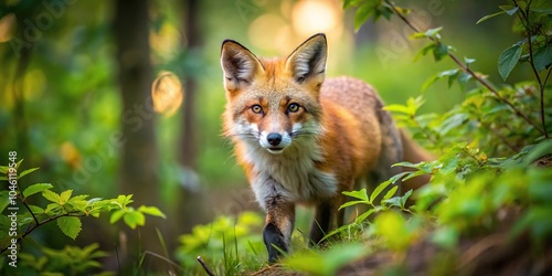 Stealthy red fox hunting in a forest