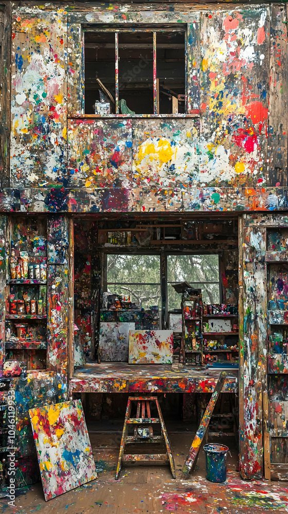 Fototapeta premium A colorful and messy artist's studio with paint splattered walls, a workbench, and a ladder.
