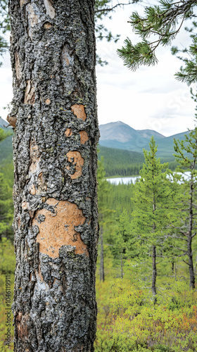 A close-up view of a tree trunk with a patch of bark missing, revealing the lighter wood underneath. The trunk is in the foreground, with a view of a forest and lake in the background. photo