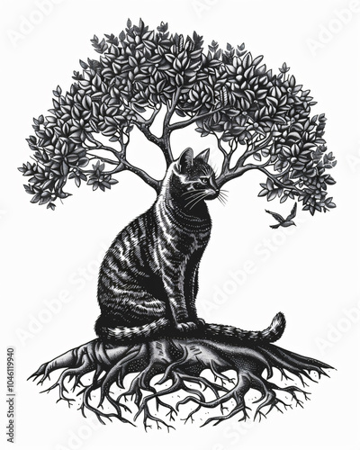 Fototapeta Naklejka Na Ścianę i Meble -  Black White Ink Drawing of Majestic Cat with Visible Tree Roots and Leafy Canopy, Symbolic Nature and Animal Art, Intricate Detail for Modern Minimalist Home Aesthetics middle Ages medieval engraving 