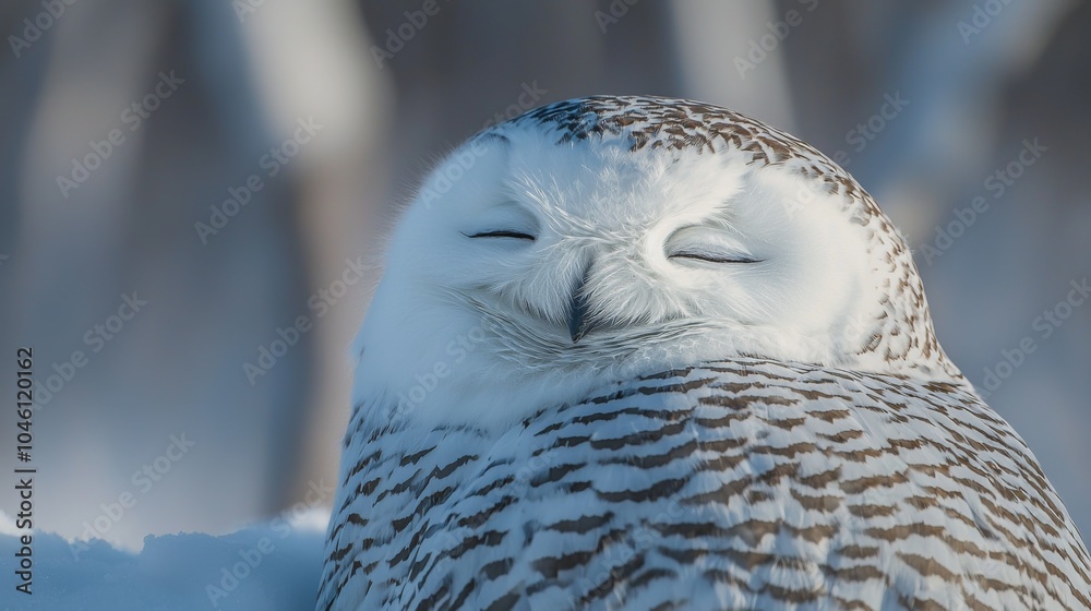 Fototapeta premium Sleepy Snowy owl with closed eyes
