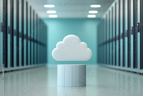 Data lines leading from a massive cloud into storage systems across a tech city deployment horizon technology tone complementary color scheme