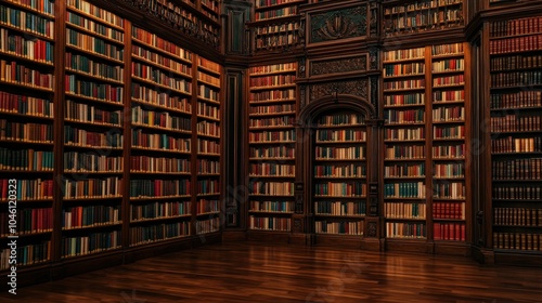 Classic Library Interior with Wooden Shelves and Books