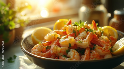 A bowl of seafood with shrimp, prawns and lemons on the table