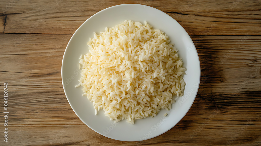 Cooked rice in a white plate isolated on a wooden table Cooked rice in a white plate isolated on a wooden table