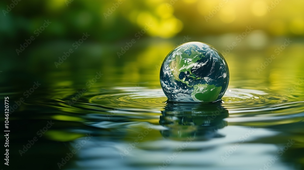A glass sphere containing the earth floats on water against a green background with blurred surroundings