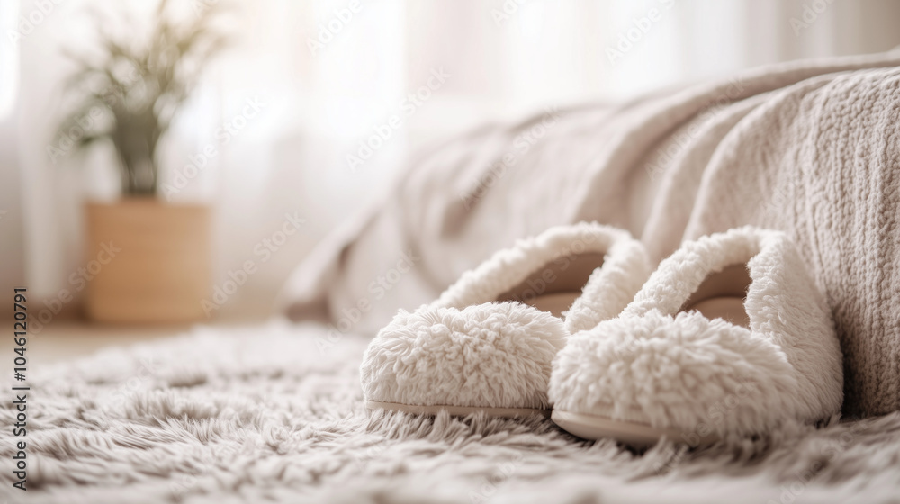 Bed Rest concept,pair of fluffy white slippers sits on a plush rug next to a neatly made bed while sunlight streams through sheer curtains,enhancing tranquil atmosphere,copy space Bed Rest concept,pair of fluffy white slippers sits on a plush rug next to a neatly made bed while sunlight streams through sheer curtains,enhancing tranquil atmosphere,copy space