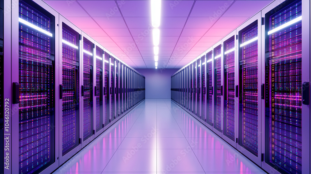 Fototapeta premium Towers of storage modules illuminated by data streams from a digital cloud deployment grid robotic tone vivid