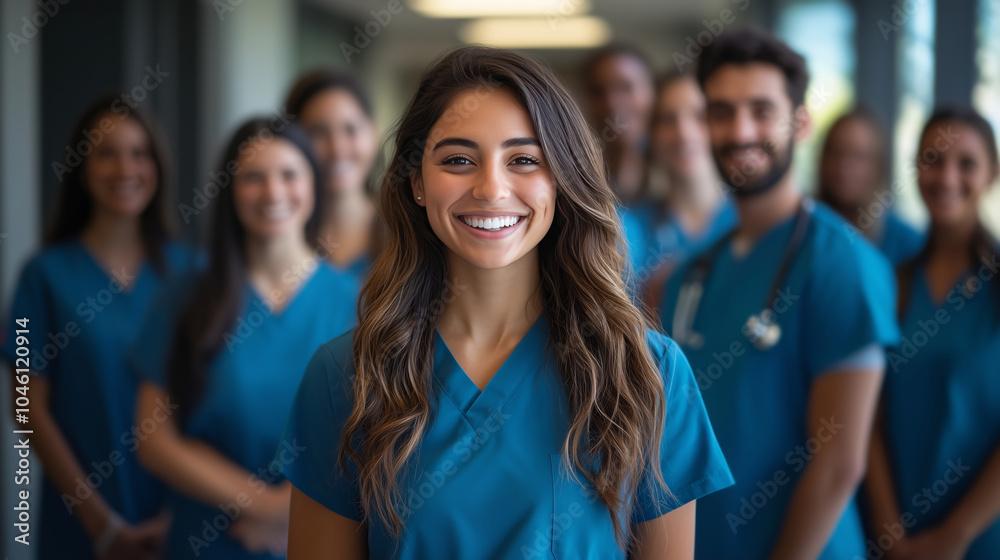 Obraz premium A group of smiling nurse students wearing scrubs, in the background is an orthopedic center where they stand waiting to help patients.