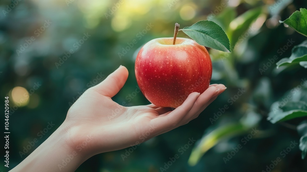 Hand holding ripe red apple with green leaves in garden Hand holding ripe red apple with green leaves in garden