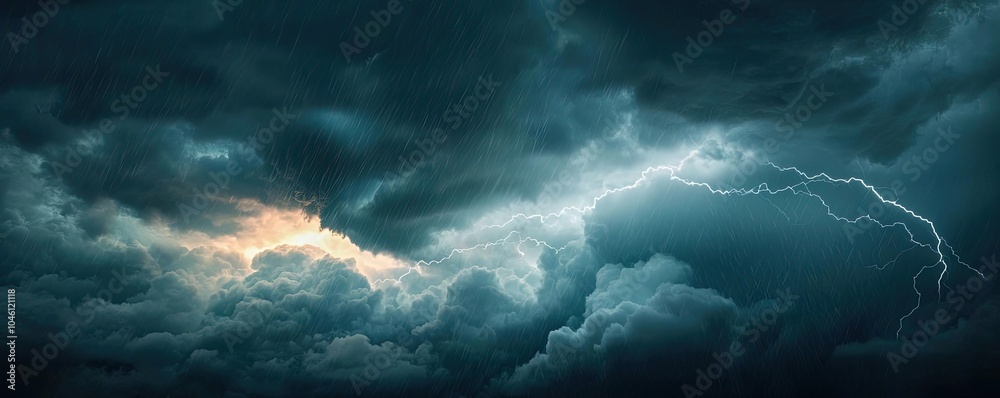 Dramatic storm clouds illuminated by lightning in a dark sky.