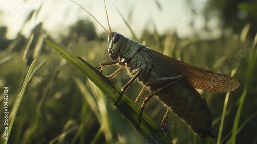 A grasshopper sits on a blade of grass in a field, backlit by the morning sun. photo