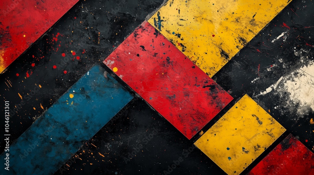 Naklejka premium A modern, abstract composition of geometric shapes in primary colors on an aged black background, with splashes and textures for texture