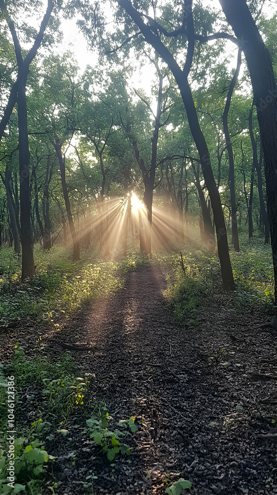 Obraz premium Sunbeams burst through the trees in a dense forest.