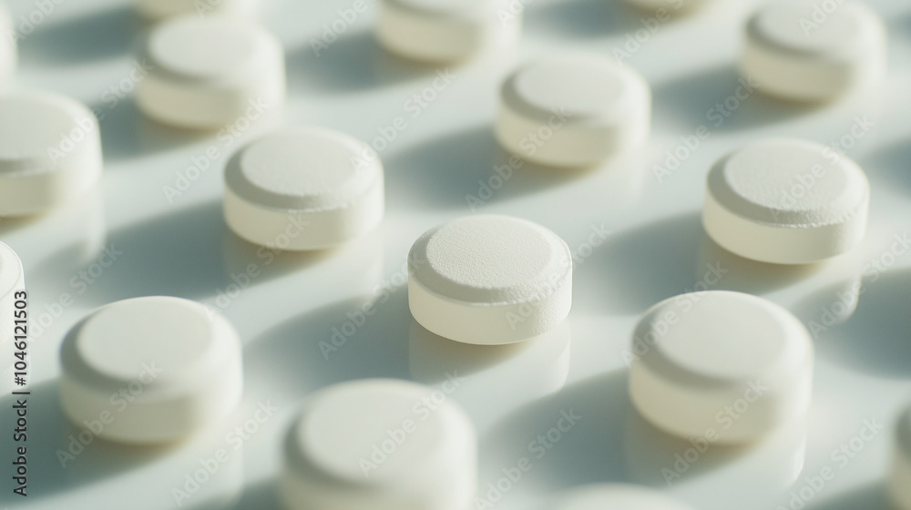 White round pills in rows with shadows. White round pills in rows with shadows.