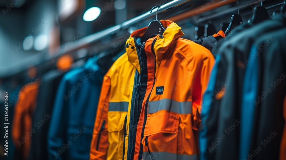 A rack of colorful safety jackets in an industrial setting