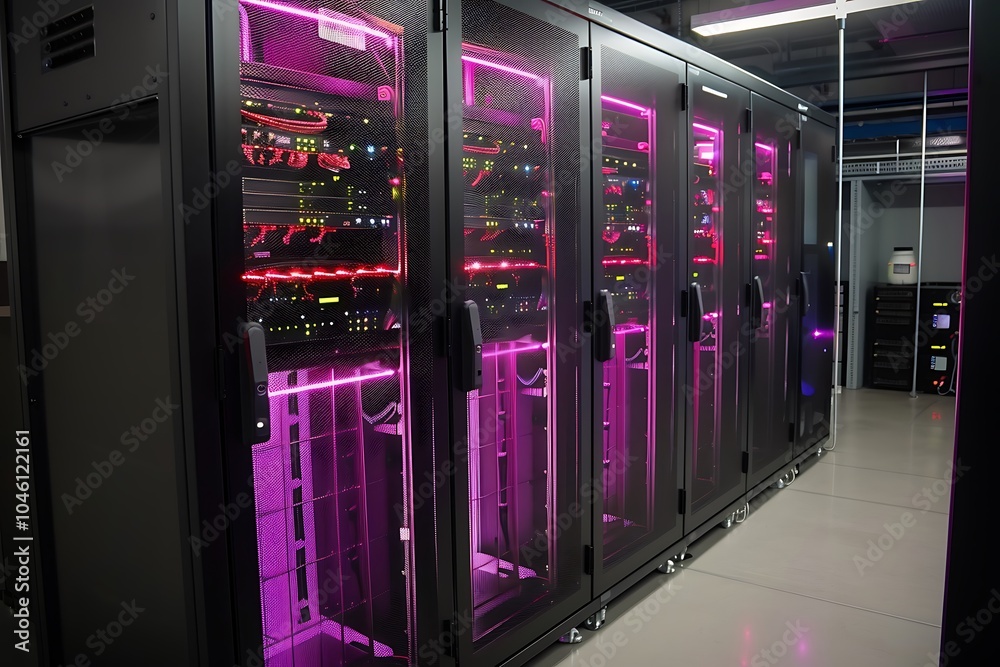Modern rack with lighting on server room data center