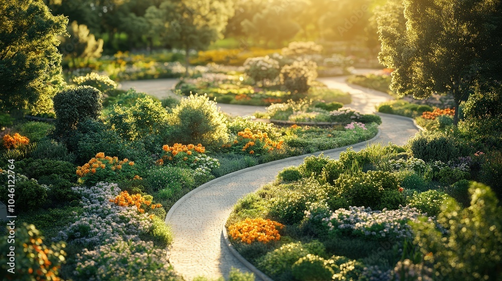 Obraz premium Tranquil Garden Pathway with Colorful Flowers