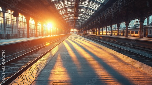 Bright Sunset at a Train Station Platform photo