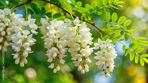 white acacia flowers against green foliage