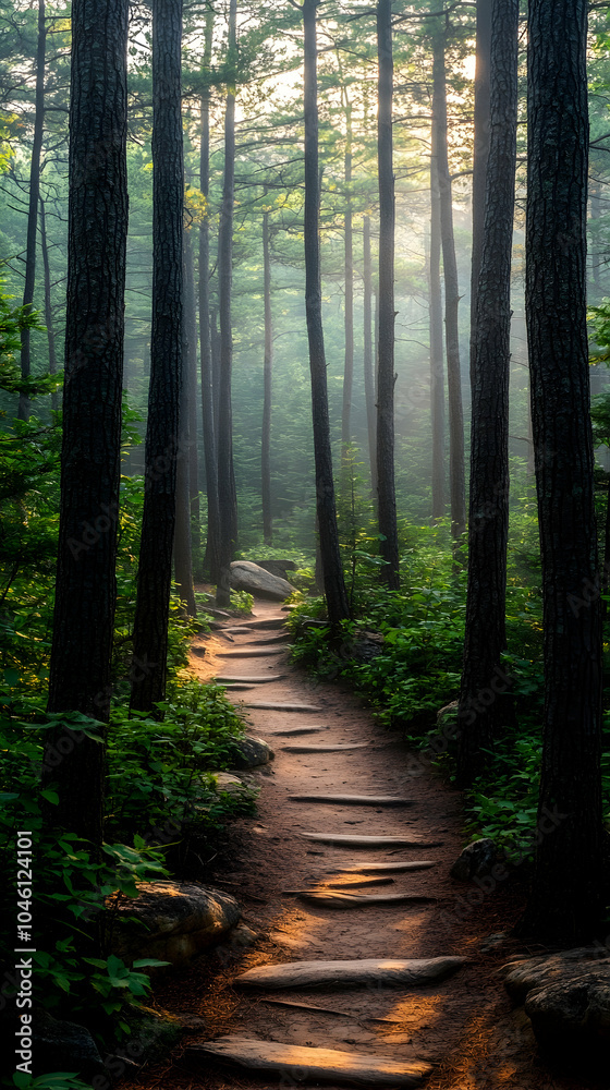Fototapeta premium A sunlit path winds through a misty forest, inviting exploration.