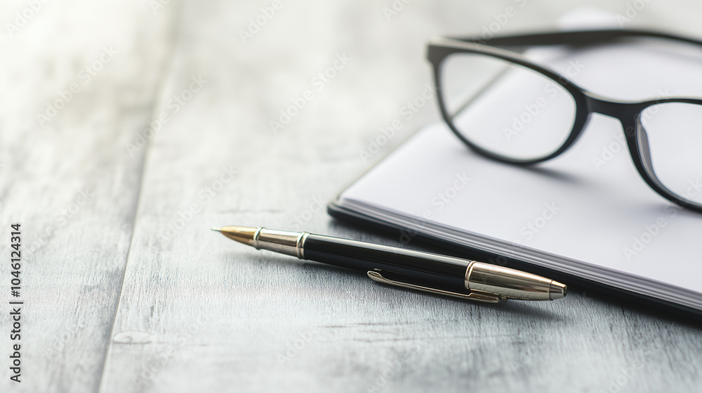 Boss Day concept,black pen lies next to an open notepad and reading glasses on a rustic wooden desk,capturing a calm moment of writing or brainstorming ideas,copy space Boss Day concept,black pen lies next to an open notepad and reading glasses on a rustic wooden desk,capturing a calm moment of writing or brainstorming ideas,copy space