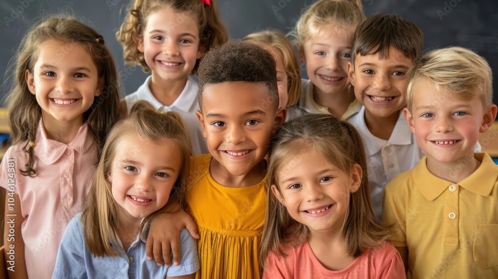 Cheerful Primary School Classmates Hugging in Classroom - Education and Back to School Concept Cheerful Primary School Classmates Hugging in Classroom - Education and Back to School Concept