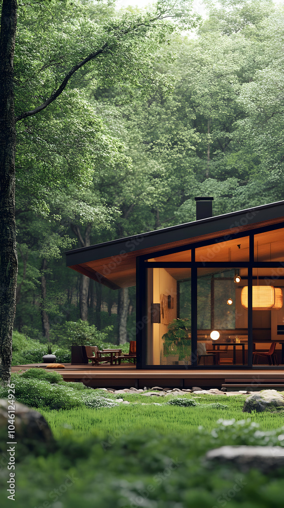 Modern house with large windows overlooking a lush green forest. Modern house with large windows overlooking a lush green forest.