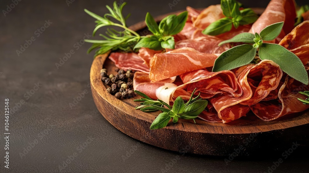 Assorted cured meats garnished with herbs on a wooden platter. Assorted cured meats garnished with herbs on a wooden platter.