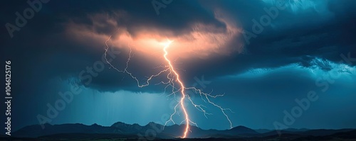 Dramatic lightning striking over mountains under a moody sky. photo