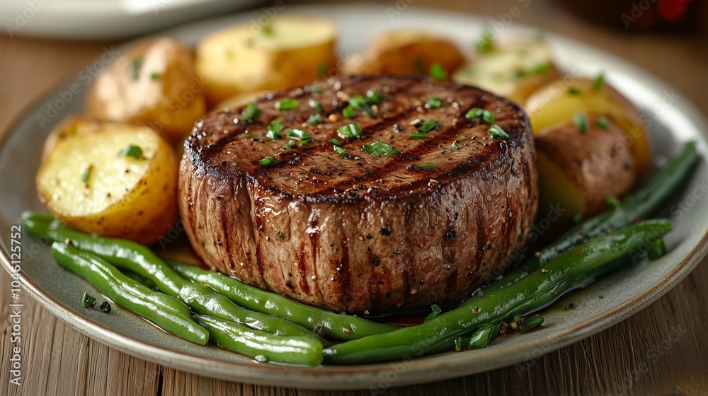 A juicy filet mignon round steak with green beans and potatoes on the side, in an upscale restaurant setting A juicy filet mignon round steak with green beans and potatoes on the side, in an upscale restaurant setting