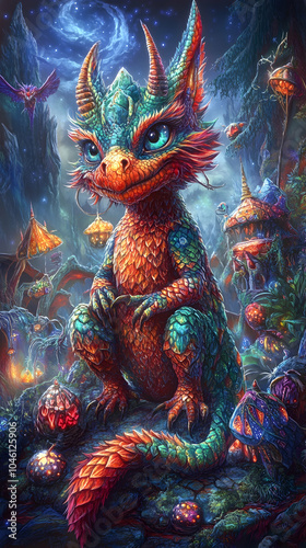 A small, friendly dragon with glowing blue eyes sits in a magical forest surrounded by mushrooms.