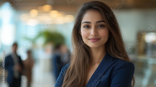 A photo of an attractive Indian business woman, wearing a blue suit standing in front of her team and smiling at the camera.