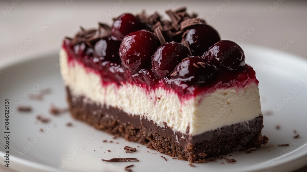A slice of Black Forest Cheesecake, made with cream cheese and cherry jam drizzled on top, topped with fresh cherries and chocolate shavings, placed in an elegant white plate A slice of Black Forest Cheesecake, made with cream cheese and cherry jam drizzled on top, topped with fresh cherries and chocolate shavings, placed in an elegant white plate