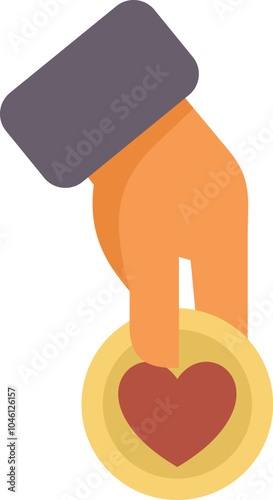 Hand is putting a coin with a heart symbol on a white background representing charitable giving