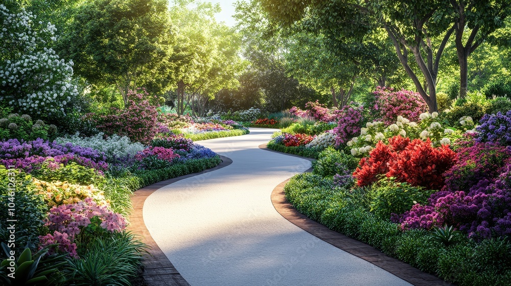 Fototapeta premium Serene Pathway Through Manicured Flower Gardens