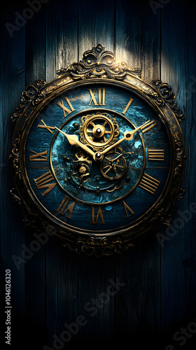 Antique clock with exposed gears and a blue face on a wooden wall.