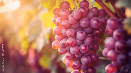 Close-up of ripe red grapes hanging from a vine in a vineyard, bathed in warm sunset light.