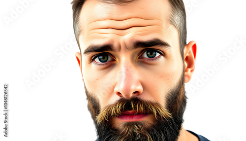 Attentive bearded male person looking straight at camera isolated with white highlights, png